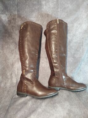 Ashley Stewart Boots 9W Brown Leather Suede Gold Studded Leopard Tall Wide Calf